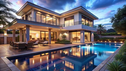 Fototapeta premium Modern Villa with Pool and Night Sky, Modern Architecture, Luxury Home, Swimming Pool, Nighttime Lighting
