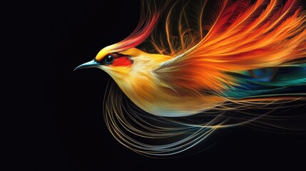 Obraz premium Beautiful bird with long, colorful feathers on a dramatic black backdrop, exuding energy