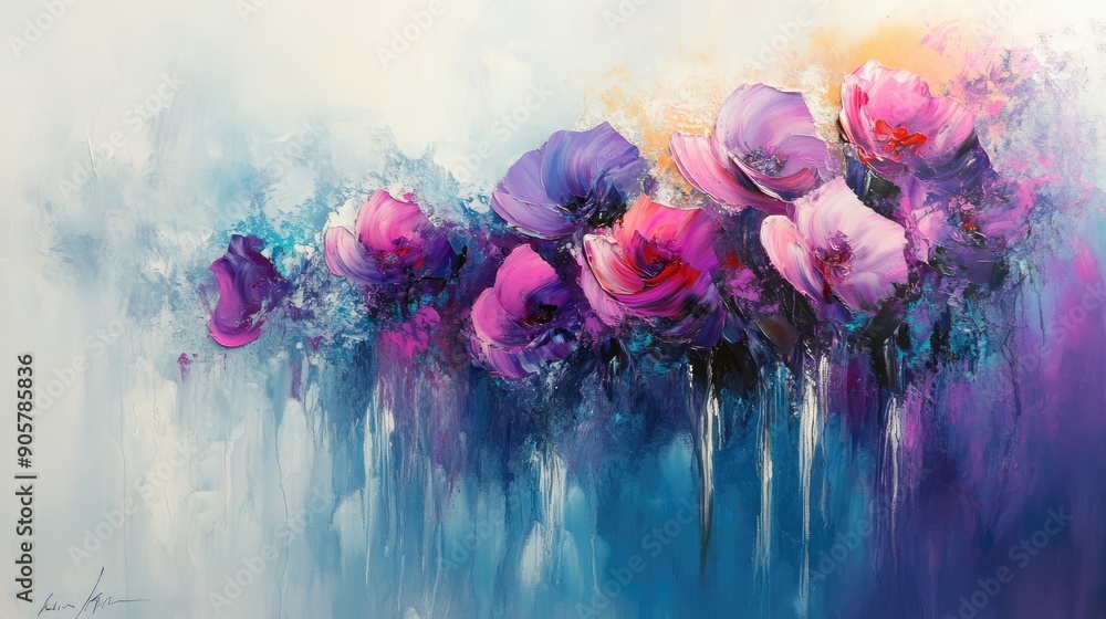 Poster beautiful dynamic abstract painting with overlapping flowers and a4 frame watermark