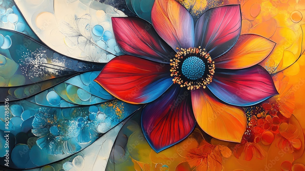 Poster beautiful dynamic abstract painting with overlapping flowers and a4 frame watermark