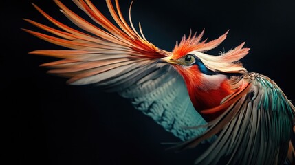Beautiful bird with long feathers and dynamic hues on dramatic black background