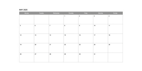 Calendar 2025. Calendar week 2025 starts on Monday. Corporate minimalist clean calendar for May 2025