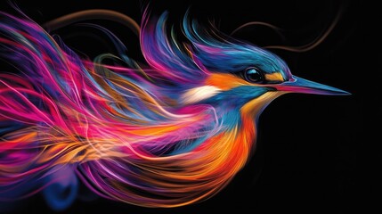 Obraz premium Energetic abstract beauty of a vibrant bird with colorful feathers on a dramatic black background