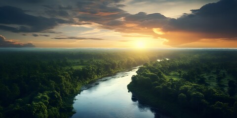Adventure explore air dron view vibe, Beautiful green amazon forest landscape at sunset sunrise