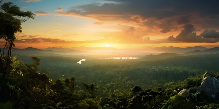 Adventure explore air dron view vibe, Beautiful green amazon forest landscape at sunset sunrise