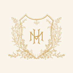 MK initial botanical wedding crest design. Vintage monogram with botanical floral crest design vector illustration.