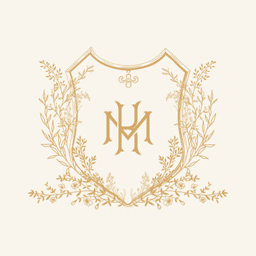MK initial botanical wedding crest design. Vintage monogram with botanical floral crest design vector illustration.