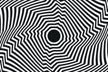 Abstract hypnotic spinning lines background. Black and white tunnel wallpaper. Psychedelic twisted stripes pattern. Rotating spiral knot template for poster, banner, cover. Vector optical illusion