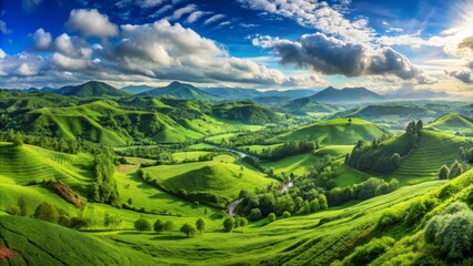 Fototapeta premium Rolling Green Hills Under A Blue Sky, Nature, Landscape, Hills, Green , Clouds