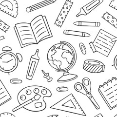 Pattern with school supplies. Globe, notebook, ruler, watercolor,scissors