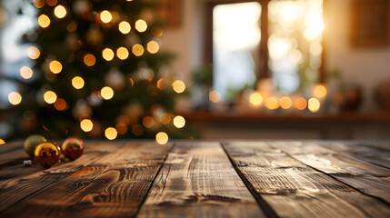 Table with empty space for your product. Blurred home interior and Christmas time. Copy space.