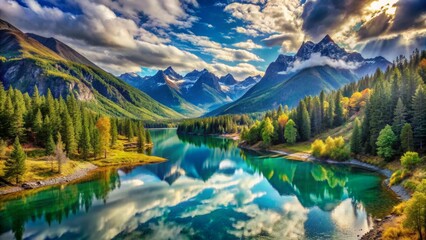 Naklejka premium Serene Mountain Lake Reflecting Cloudy Sky, Mountains, Trees, Lake, Nature, Landscape