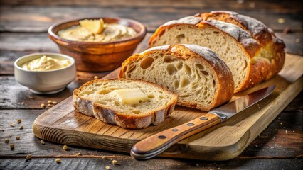 Sliced Rustic Bread with Butter on a Wooden Cutting Board, rustic , bread , butter, cutting board