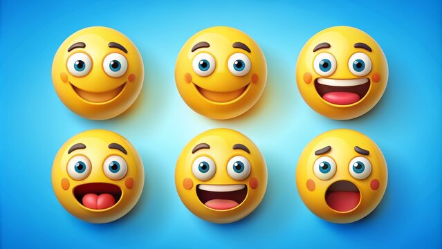 Six 3D Emojis with Different Expressions, 3D Render, Emojis, Expressions, Facial Expressions, Blue Background - Powered by Adobe