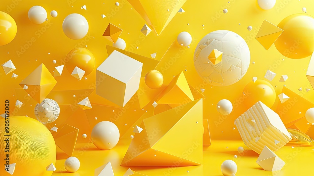 Poster 3d rendering of a vibrant yellow background with floating geometric shapes, including cubes, spheres