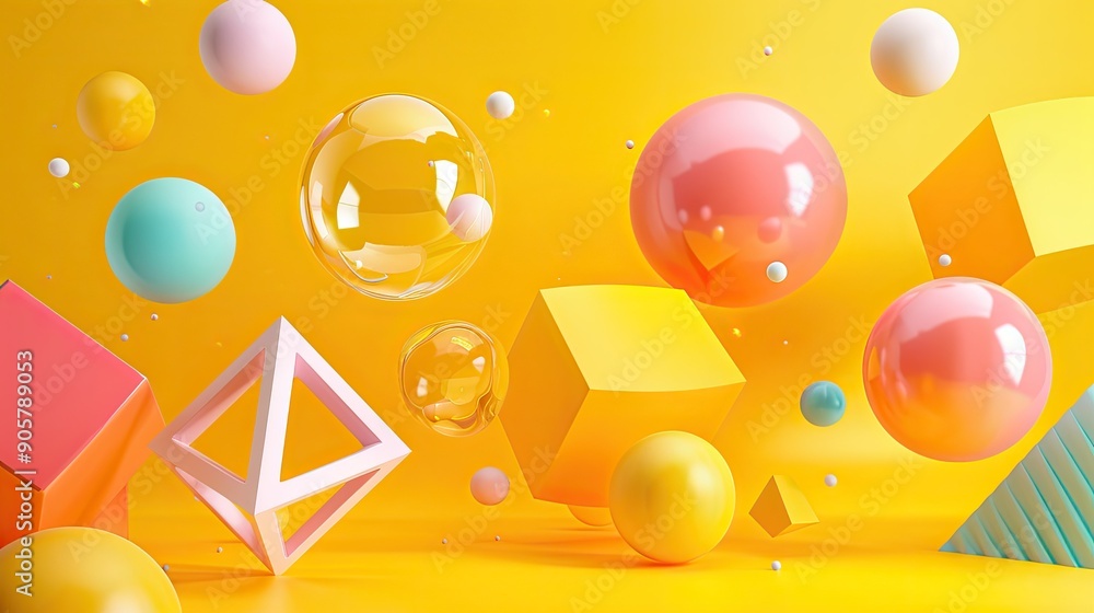 Poster 3d rendering of a vibrant yellow background with floating geometric shapes, including cubes, spheres