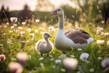 group of white geese with little goslings walks through a green meadow