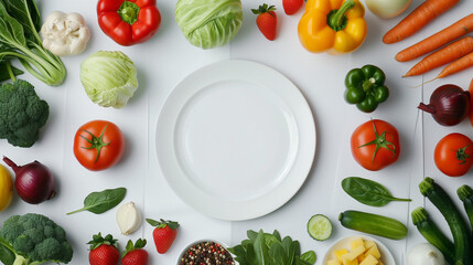 World food day, vegetarian day, vegan day concept. Top view of fresh vegetables, fruits, with empty plate on white background.