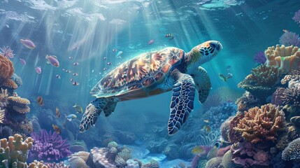 Obraz premium A majestic sea turtle swimming gracefully over a vibrant coral reef, showcasing the underwater beauty.