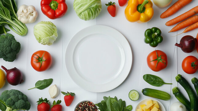 World food day, vegetarian day, vegan day concept. Top view of fresh vegetables, fruits, with empty plate on white background. - Powered by Adobe