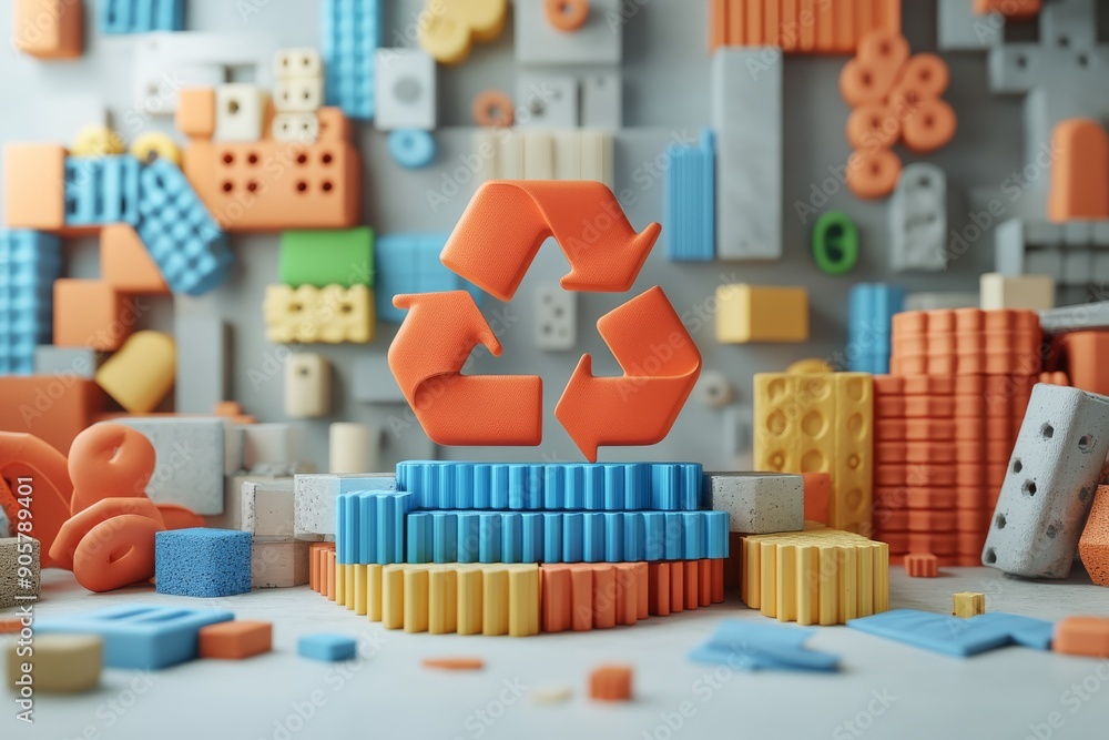 Poster vibrant cityscape with recycling bins highlighting the integration of eco-friendly practices within 