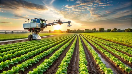 Sunrise Over a Green Field with a Sprinkler System, farm , agriculture, tractor, machinery,