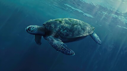 Fototapeta premium A sea turtle gliding effortlessly through the open ocean, with the deep blue water as a backdrop.