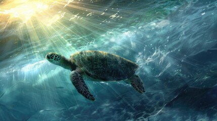 Fototapeta premium A sea turtle gracefully ascending towards the surface, with rays of sunlight penetrating the water.