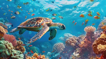 Fototapeta premium A sea turtle gracefully swimming above a vibrant coral reef, surrounded by a school of fish.