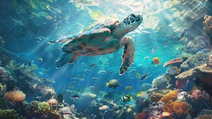 Fototapeta premium A sea turtle gracefully swimming above a vibrant coral reef, surrounded by a school of fish.