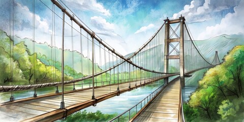 Suspension Bridge Watercolor Illustration, Bridge, Watercolor, Landscape , Nature