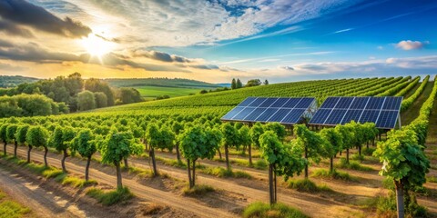 Obraz premium Sustainable Energy in Vineyard Landscape Sunset Over Green Rows with Solar Panels, vineyard, solar energy, renewable, green energy