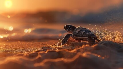 A sea turtle hatchling emerging from the sand, captured in a beautiful and hopeful moment.