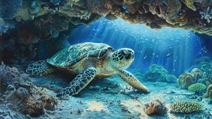 Obraz premium A sea turtle resting under a coral overhang, creating a serene and sheltered underwater scene.