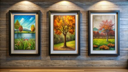 Fototapeta premium Three Framed Paintings of Fall Landscapes, black frame, autumn colors, art decor, interior design, wall art , gallery wall
