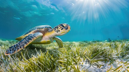 Naklejka premium A sea turtle swimming above a bed of sea grass, with its shadow visible on the ocean floor.