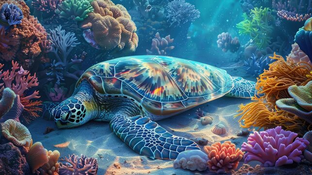 A sea turtle resting on the ocean floor, surrounded by corals and marine life.