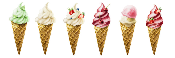 Set of ice creams with strawberry, raspberry, cherry, mint, pistachio, apple, milk, blueberry, vanilla in crispy waffle cones. Hand painting sweet watercolor illustration isolated on background.