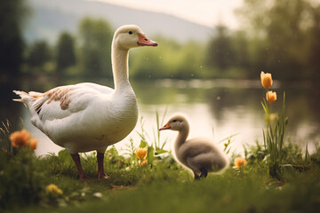Obraz premium group of white geese with little goslings walks through a green meadow