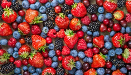 Fototapeta premium A vibrant canvas of different berries, including strawberries, blueberries, blackberries, raspberries, cranberries, gooseberries, red currants, elderberries, goji berries, and cloudberries, showcasing