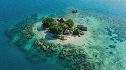 Fototapeta premium A small, secluded island with a single thatched hut, nestled in crystal-clear waters.