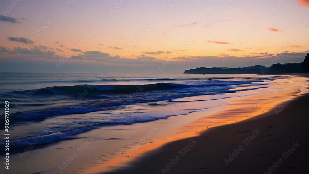 Poster a serene beach during sunset with soft waves lapping at the shore and cliffs silhouetted against the