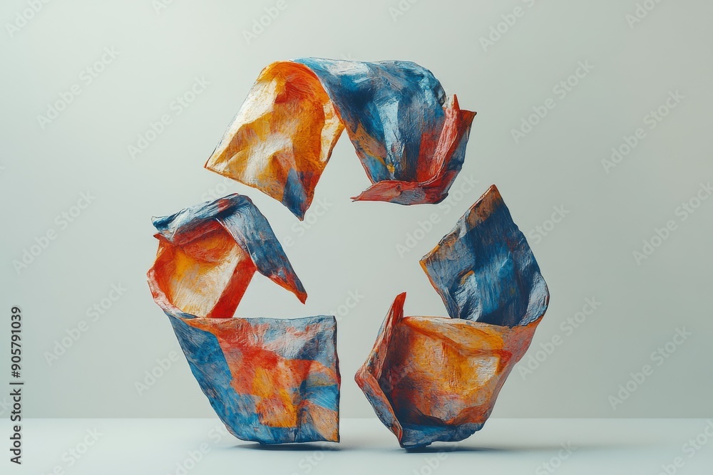 Poster geometric recycling symbol composed of vibrant shards emphasizing the multifaceted approach to envir
