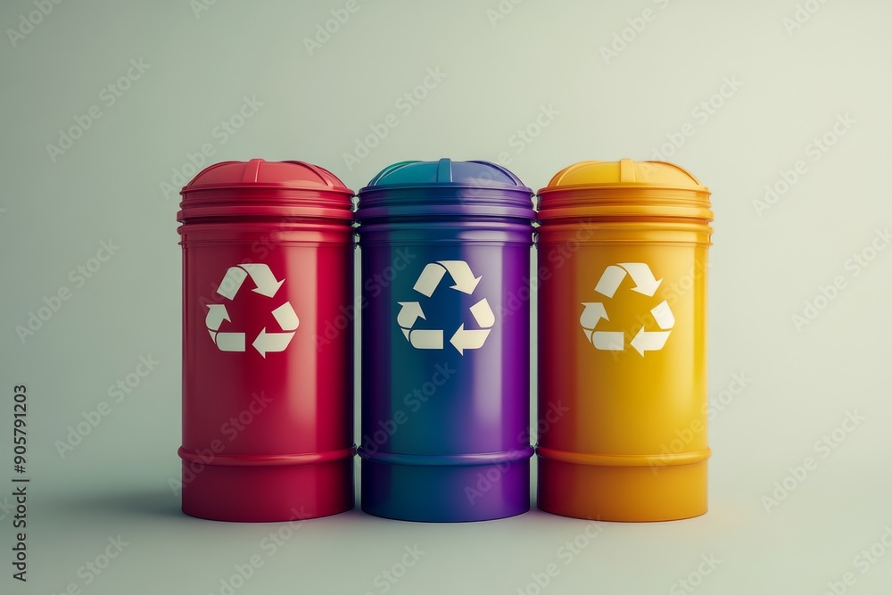 Poster spectrum of colorful recycling bins under soft lighting showcasing an array of options for waste seg