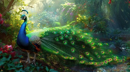 Fototapeta premium Beautiful peacock displaying its tail feathers in a garden setting, with a mix of colorful flowers and lush greenery enhancing the scene