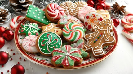 Beautifully decorated gingerbread cookies and candies arranged on a festive plate, perfect for holiday themes.
