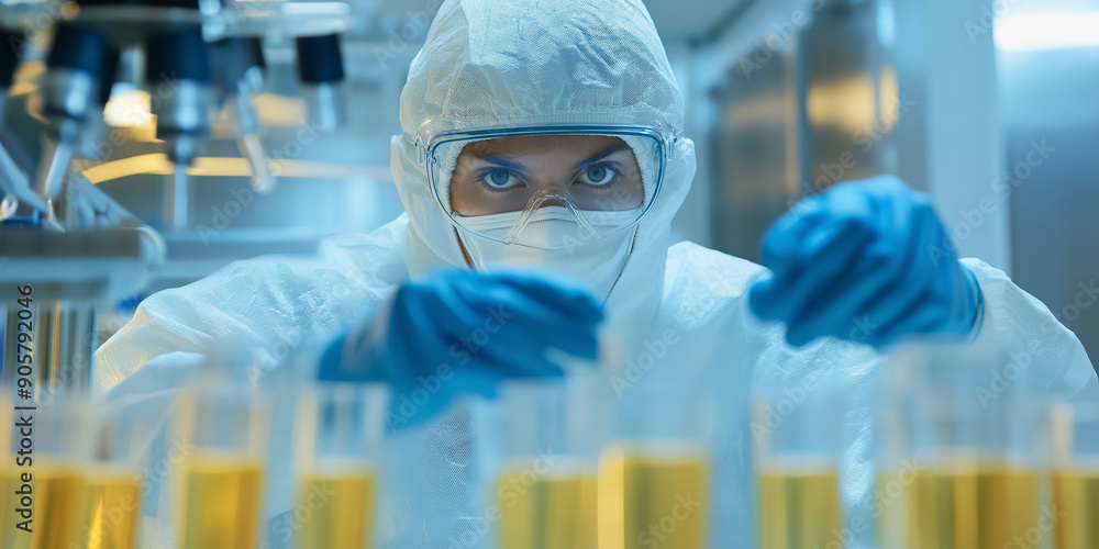 Aufkleber scientist in protective coverall working with test tubes in a laboratory