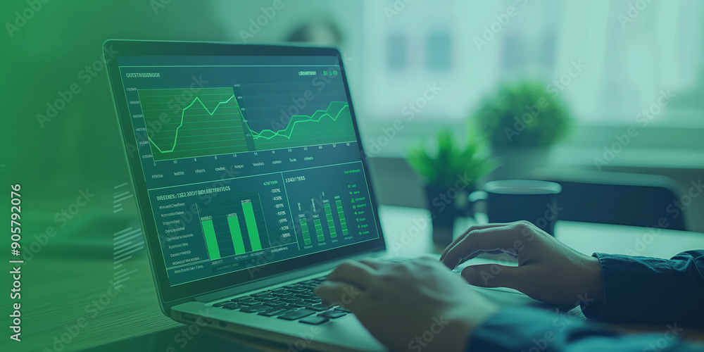 Poster businessman analyzing financial data on laptop with green charts displayed on screen