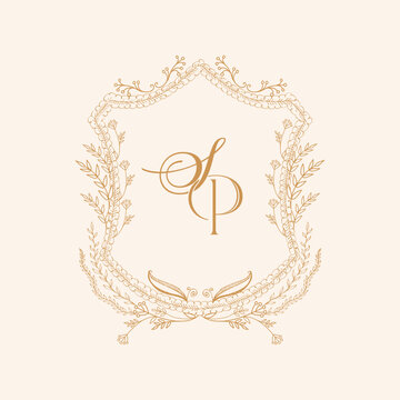 Floral S P, SP initial crest. Wedding monogram with flowers crest design. 