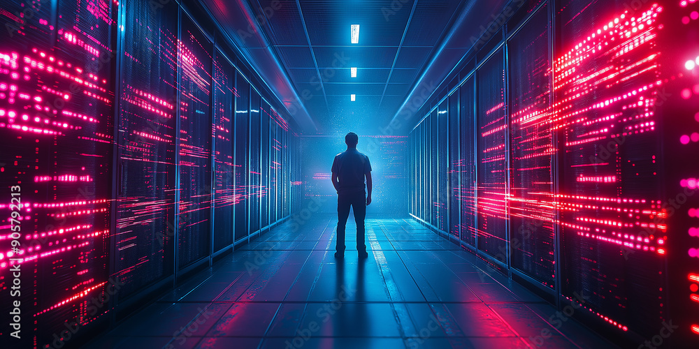 Aufkleber It engineer standing in server room with digital data flowing through network